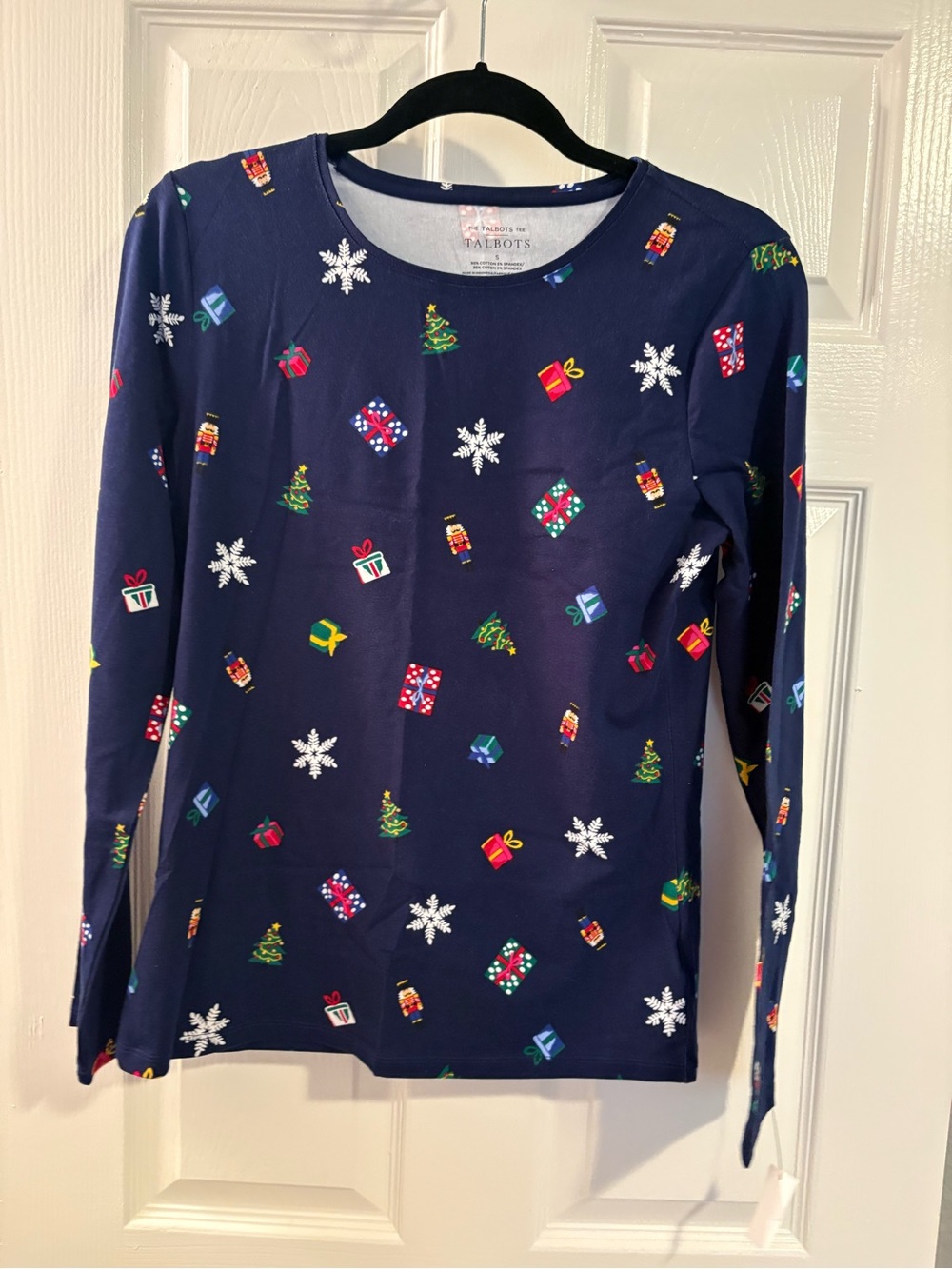 Talbots Navy Long-Sleeve Holiday Print Tee